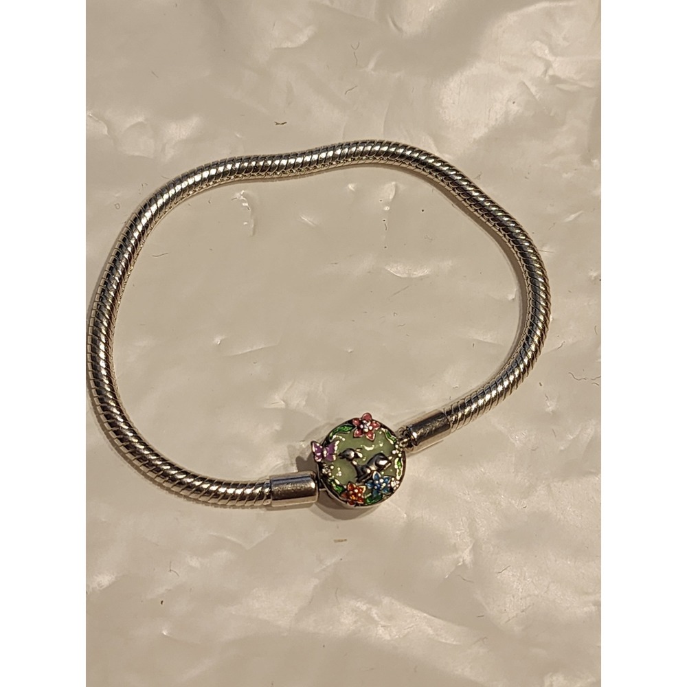 S925 Sterling Silver Snake Chain Bracelet Beautiful Life Enamel Floral Deer